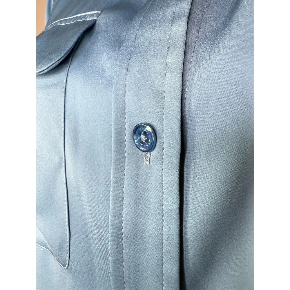 Equipment Femme Satin Shortsleeve Button Shirt Blue Preppy Office Old Money Chic - Picture 4 of 11